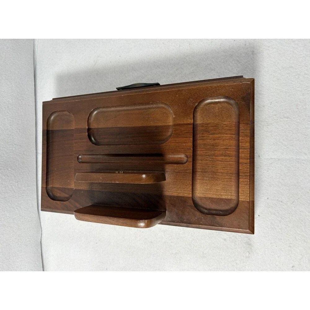 Vintage MCM Walnut Men’s Valet Box Dresser Organizer Orange Velvet Drawer